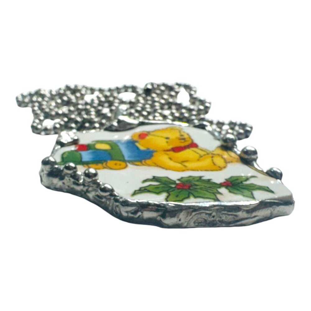 VNTG Holiday Broken China Teddy Bear w/ Presents Pendant Encased in Silver Bezel - Picture 3 of 14